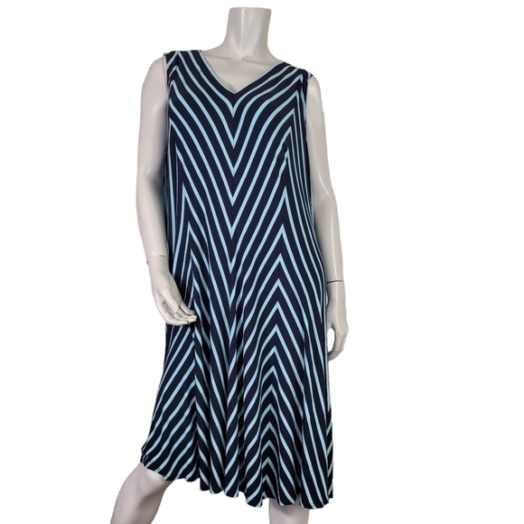Chelsea & Theodore SZ 2X Dress Blue Chevron Stretch Summer Knee Length TINY FLAW - Picture 1 of 6